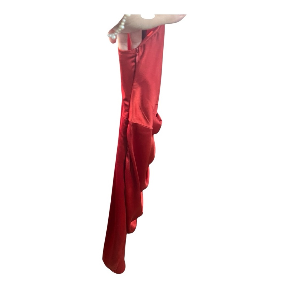 FLOERNS BRICK RED SATIN FEEL SPAGHETTI STRAP COWL NECK WRAP STYLE DRESS NWT - Picture 9 of 11